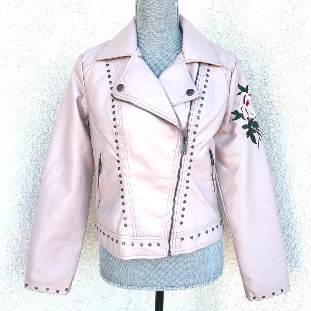 Urban Retro Pink Embroidered Faux Leather Jacket